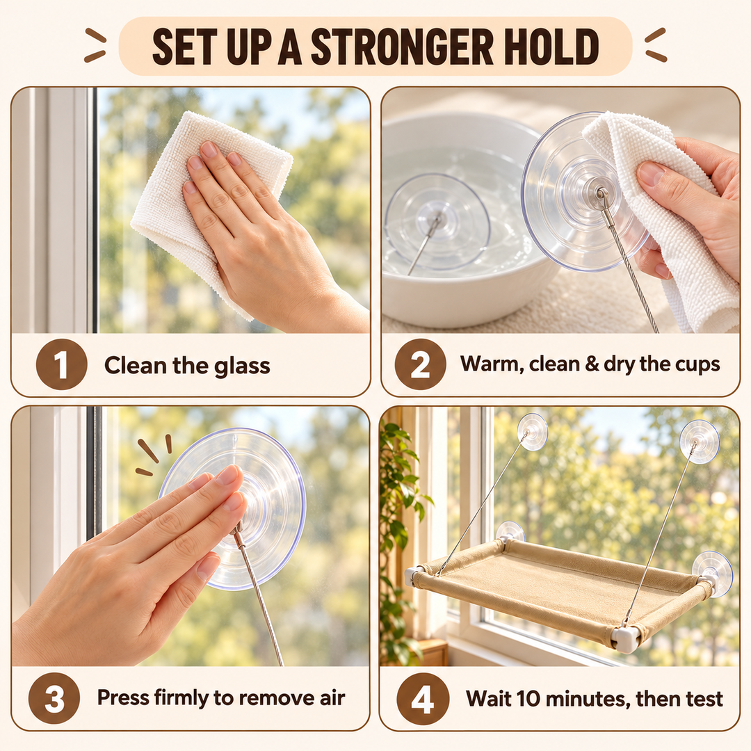 Four-step guide for cleaning a surface and installing SmoothPerch suction cups