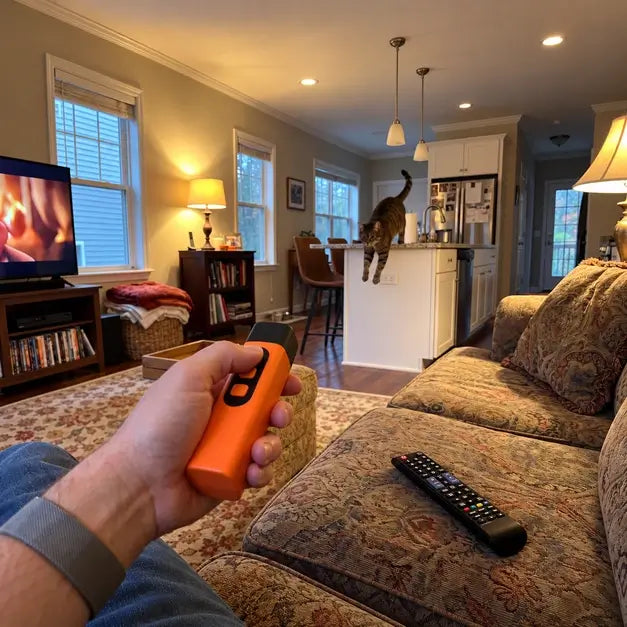 Owner on the couch holding PawsButton next to the TV remote while the cat hops off the kitchen counter