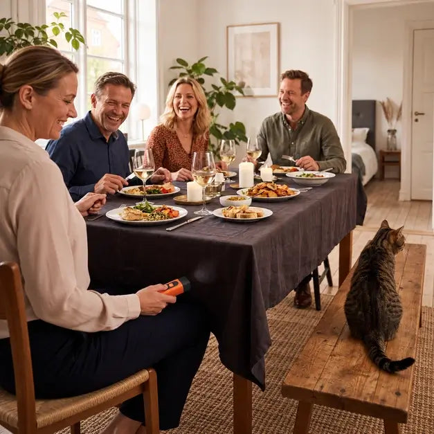 Host discreetly pressing PawsButton under the dinner table while the cat hops down