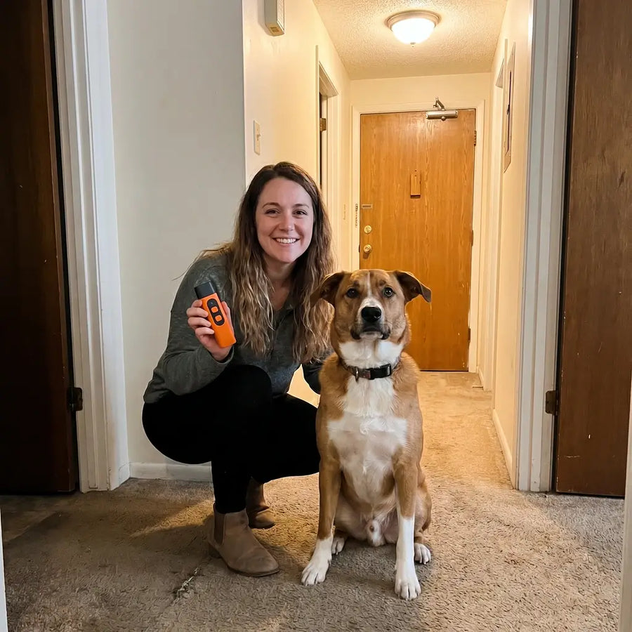 Dog owner using SmoothBark to stop barking