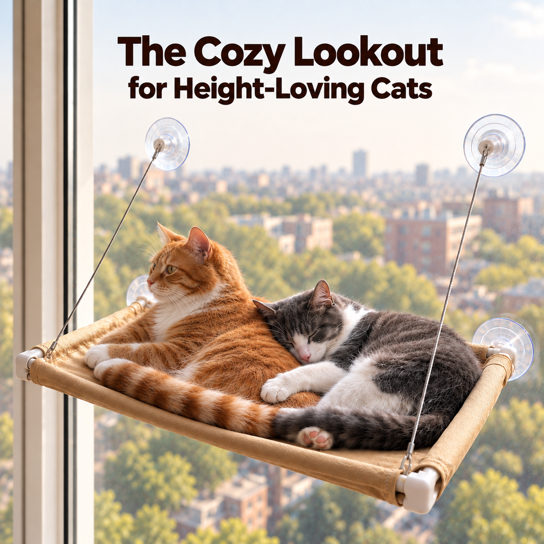 Two cats relaxing high above the ground on a SmoothPerch window hammock beneath the headline The Cozy Lookout for Height-Loving Cats