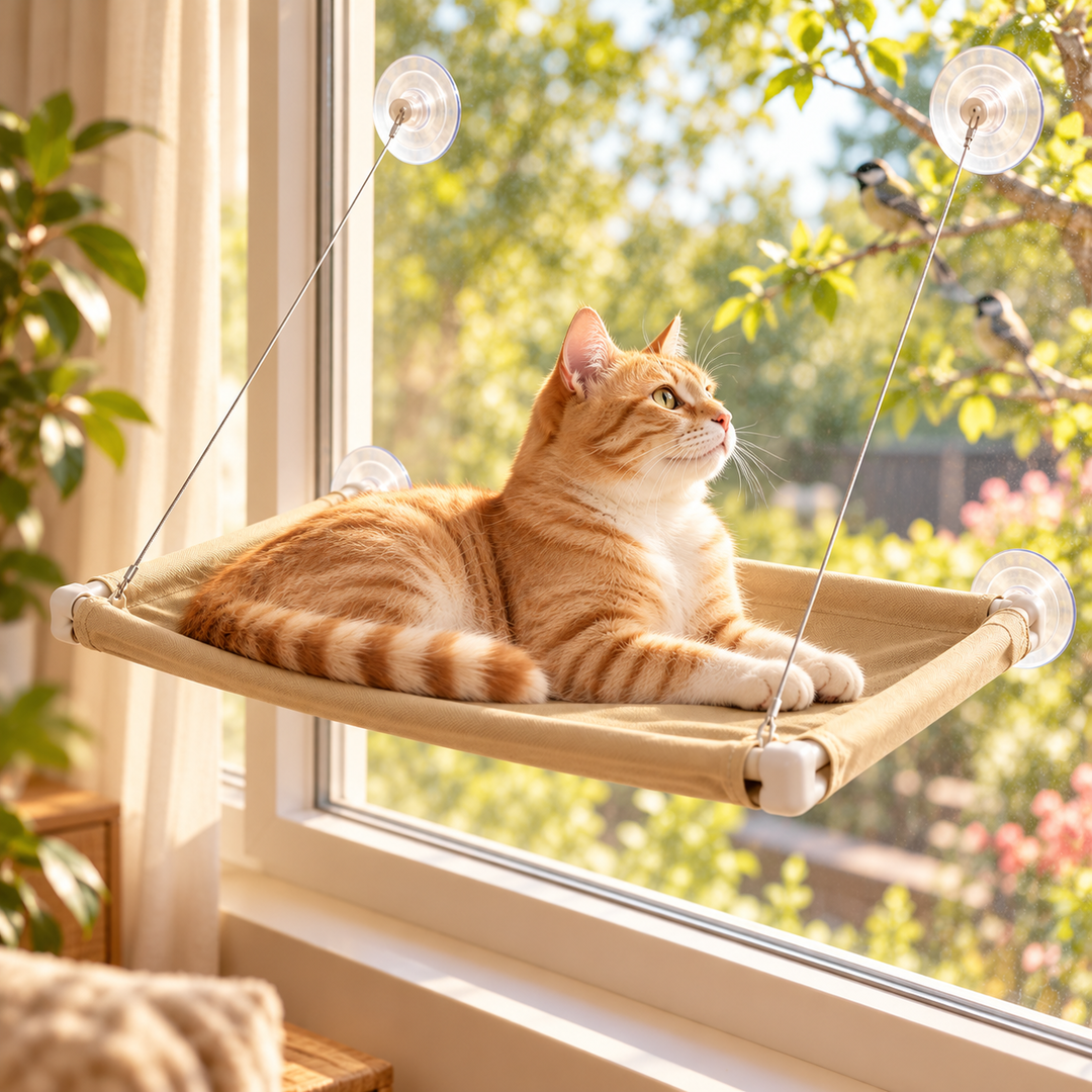 Orange cat watching birds from a raised SmoothPerch hammock