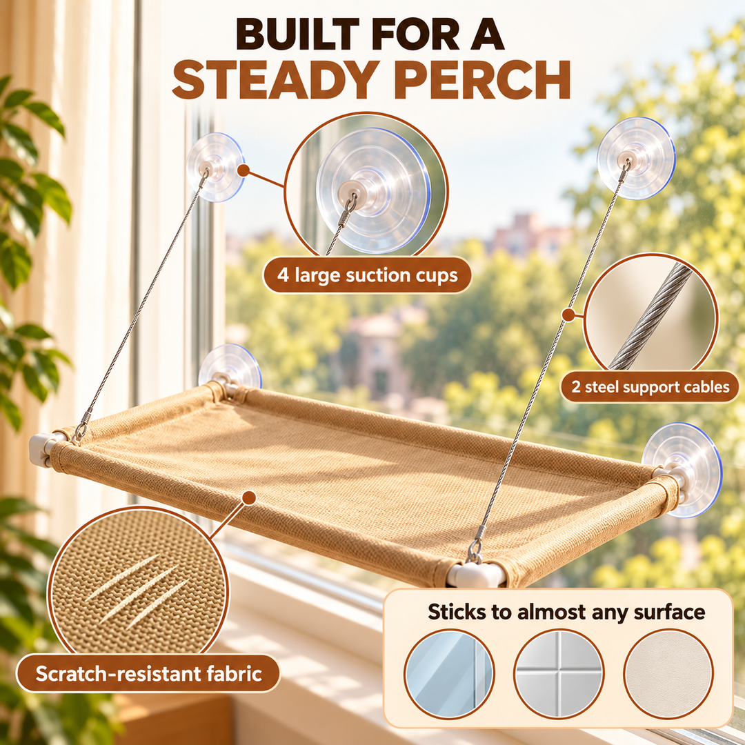 SmoothPerch with four suction cups, two steel cables, scratch-resistant fabric, and multi-surface placement