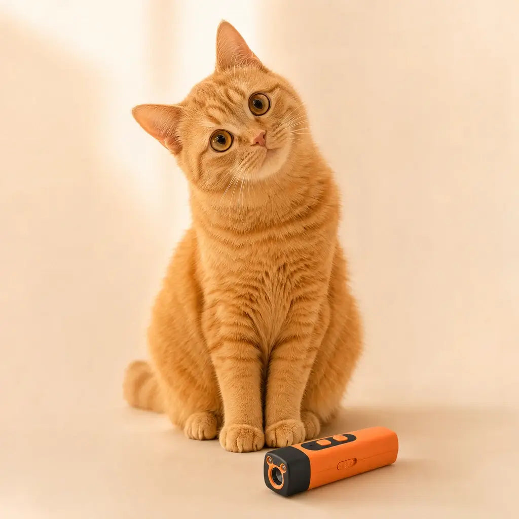 Split image: yelling bounces off an invisible wall while the PawsButton signal reaches the cat