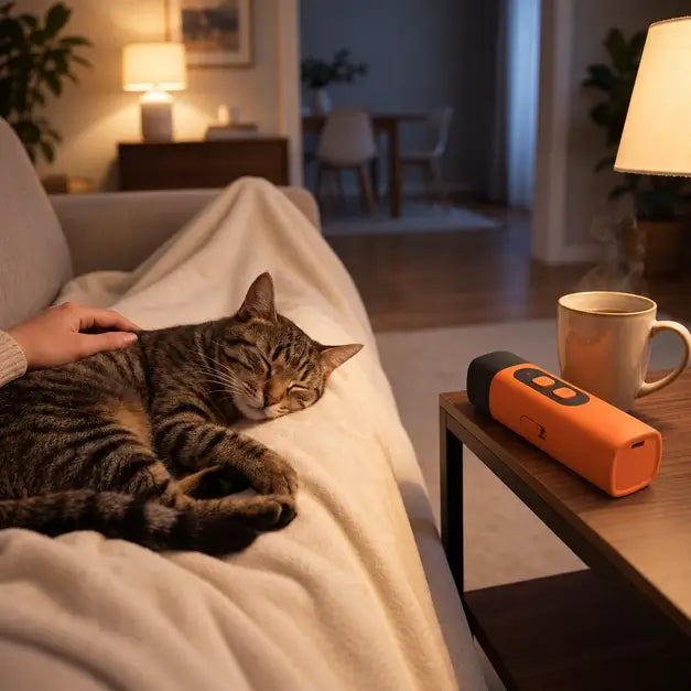 Cat curled up on the owner's lap with PawsButton resting nearby