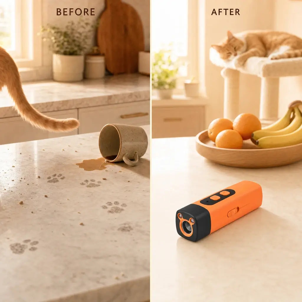 Before and after: messy counter with paw prints versus a clean counter and a napping cat