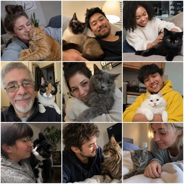 Grid of happy cat owners at home with their cats